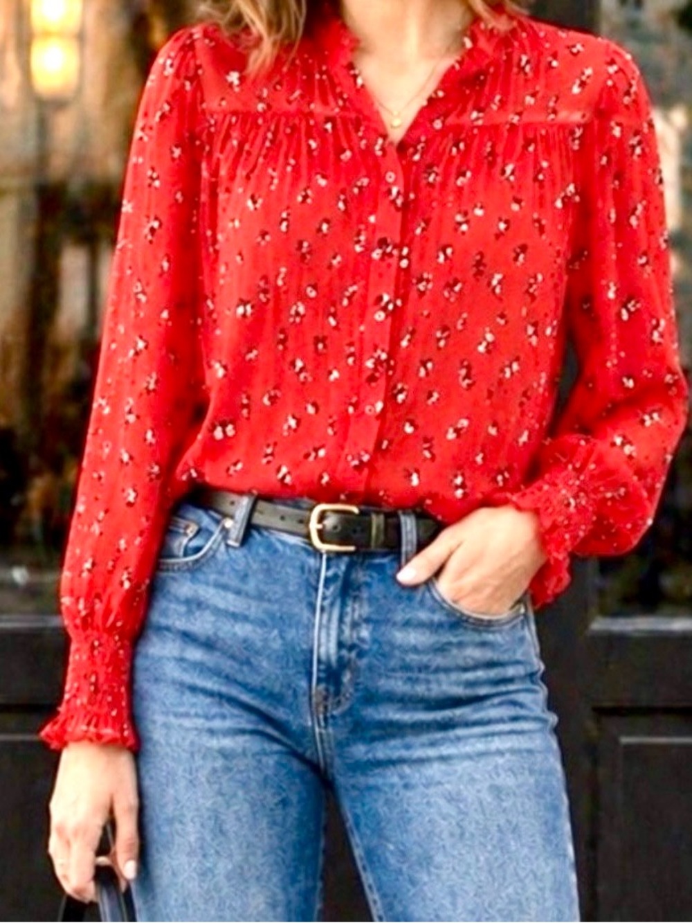 NWOT - Free People - Red Floral Blouse “Flowers In December”, Size Medium